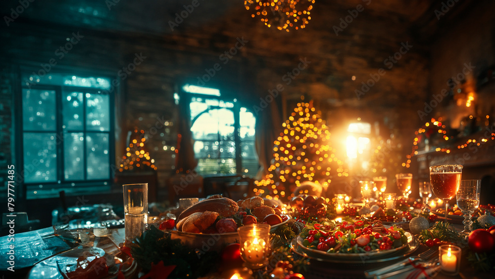 The joy of Christmas dining, with a table brimming with traditional dishes, colorful salads, and sparkling drinks, all under the soft glow of candlelight and holiday lights