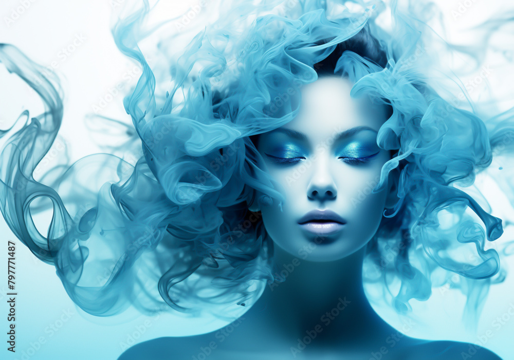 Blue smoke around beautiful woman. Abstract background in a surrealist, elegant and fantasy style with minimalist, fluid and organic shapes