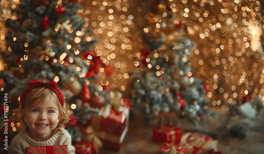 The pure happiness of a child on Christmas morning, laughing with a present in hand, a beautifully decorated tree twinkling in the background The pure happiness of a child on Christmas morning, laughing with a present in hand, a beautifully decorated tree twinkling in the background
