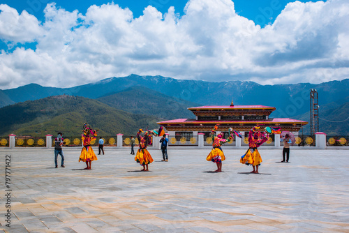 Timphu,Bhutan,Close up Traditional dance and colors in Mongar, Bhutan ,masked dancers at a Buddhist religious ceremony in temple Bhutan,festival bhutan dance. - Image photo