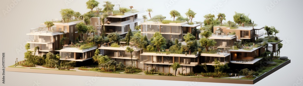 Fototapeta premium 3D architectural model of a sustainable living complex, daylight, aerial perspective