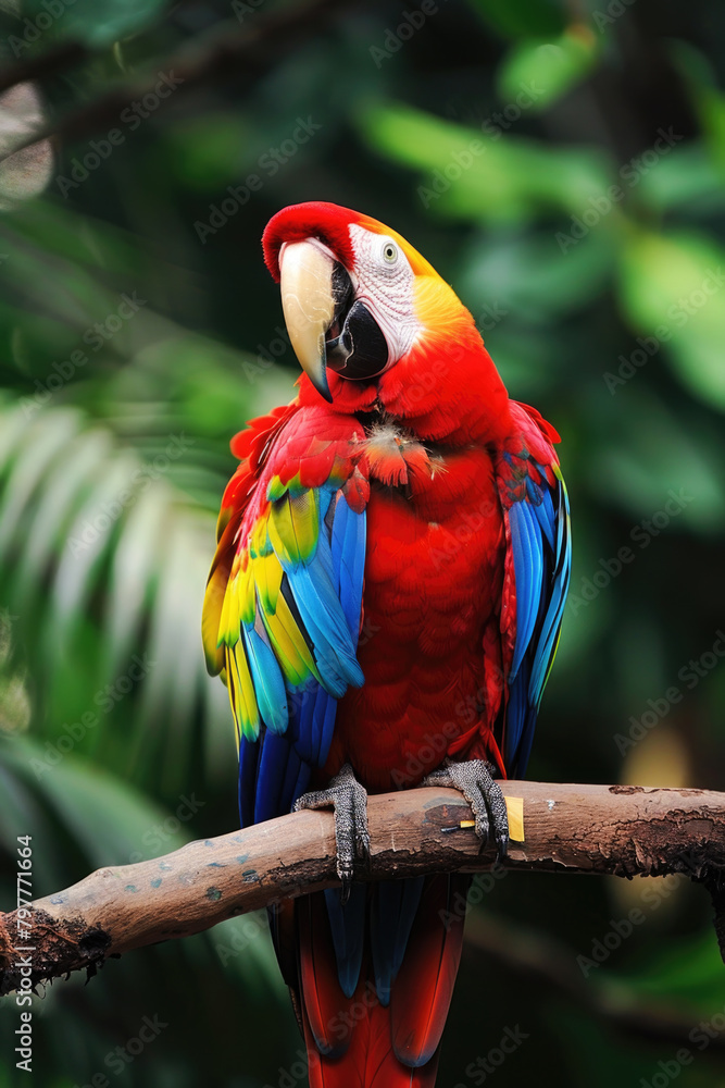A vibrant parrot with colorful plumage perched gracefully on a tree branch in a lush green forest