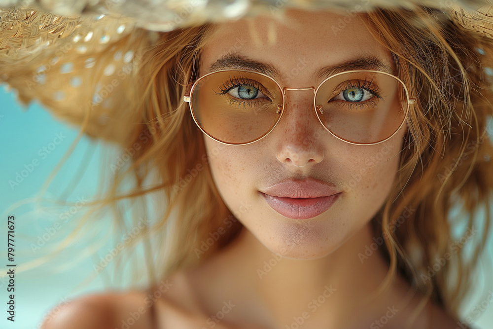 A young girl in a light hat and sunglasses enjoys a warm sunny day