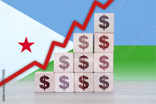 Djibouti economic collapse, increasing values with cubes, financial decline, crisis and downgrade concept