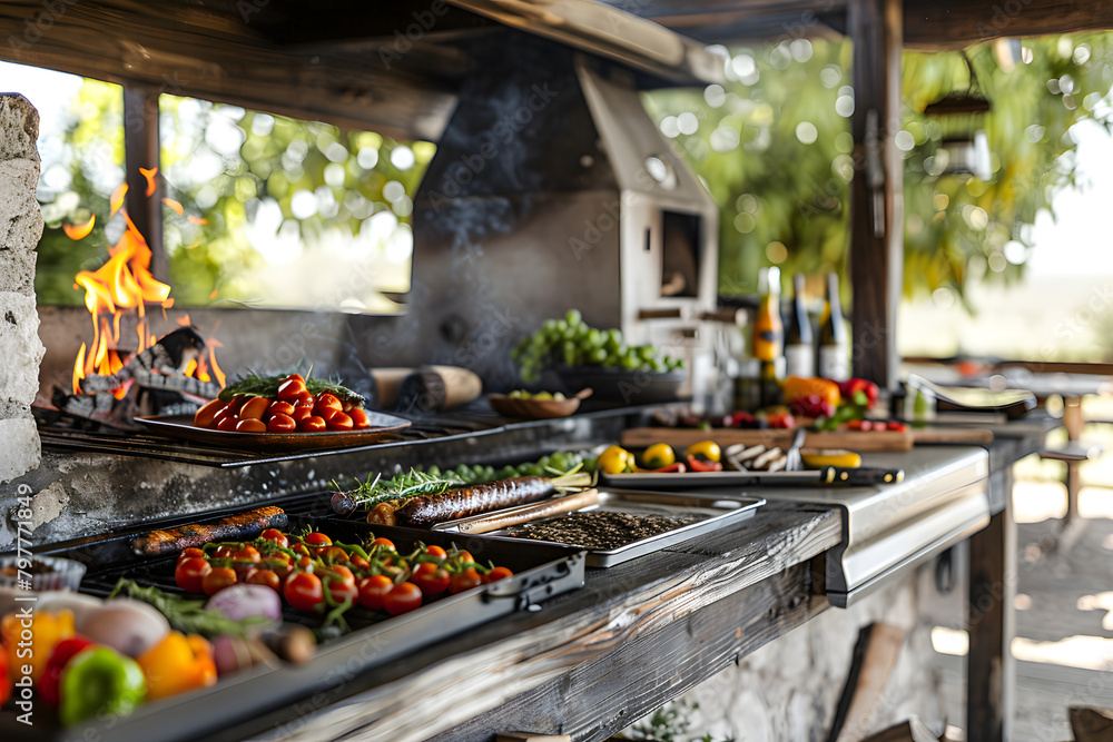 Close-up of a rustic outdoor kitchen setup for a summer BBQ, with focus on grilled vegetables and meats on the fire Close-up of a rustic outdoor kitchen setup for a summer BBQ, with focus on grilled vegetables and meats on the fire