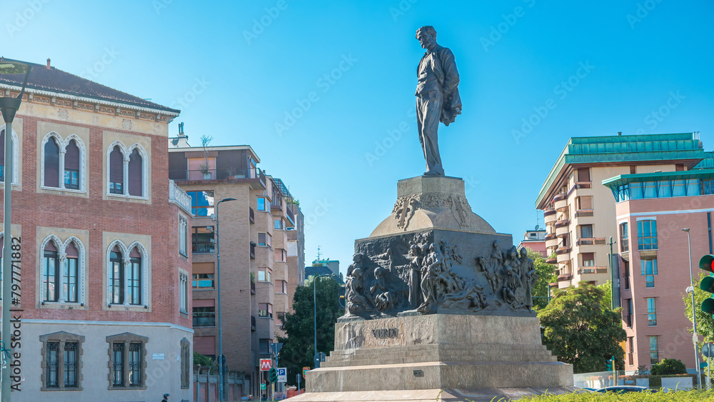 Fototapeta premium Statue of Giuseppe Verdi, in the front of Casa Verdi timelapse Milan, Italy