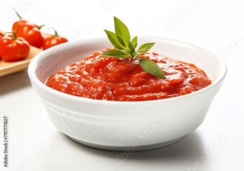 Tomato sauce in a white porcelain bowl, on a white background. Agriculture and healthy eating