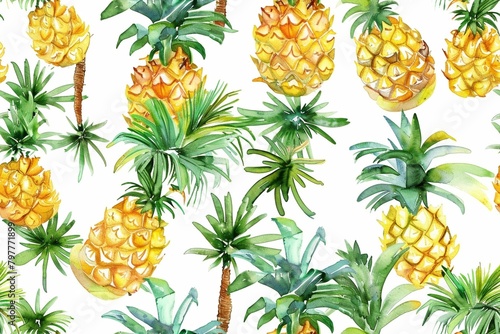 Seamless pattern of watercolor pineapple