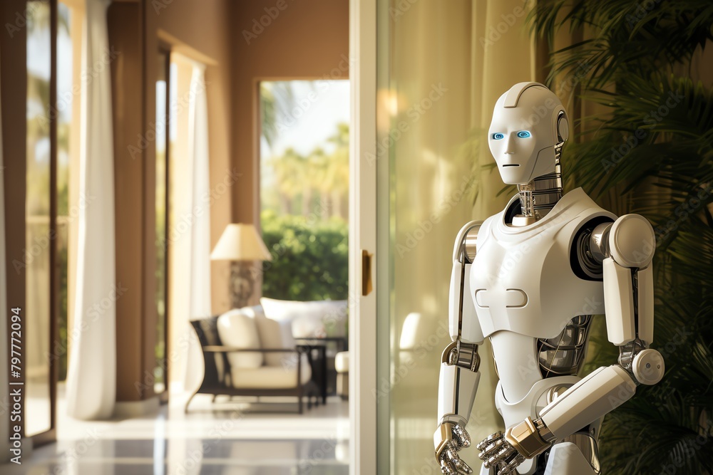 Real estate robot hosting open house, luxurious setting, soft focus, threequarter shot Real estate robot hosting open house, luxurious setting, soft focus, threequarter shot