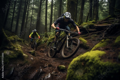 Mountain bikers on a rugged trail, forest backdrop, action shot