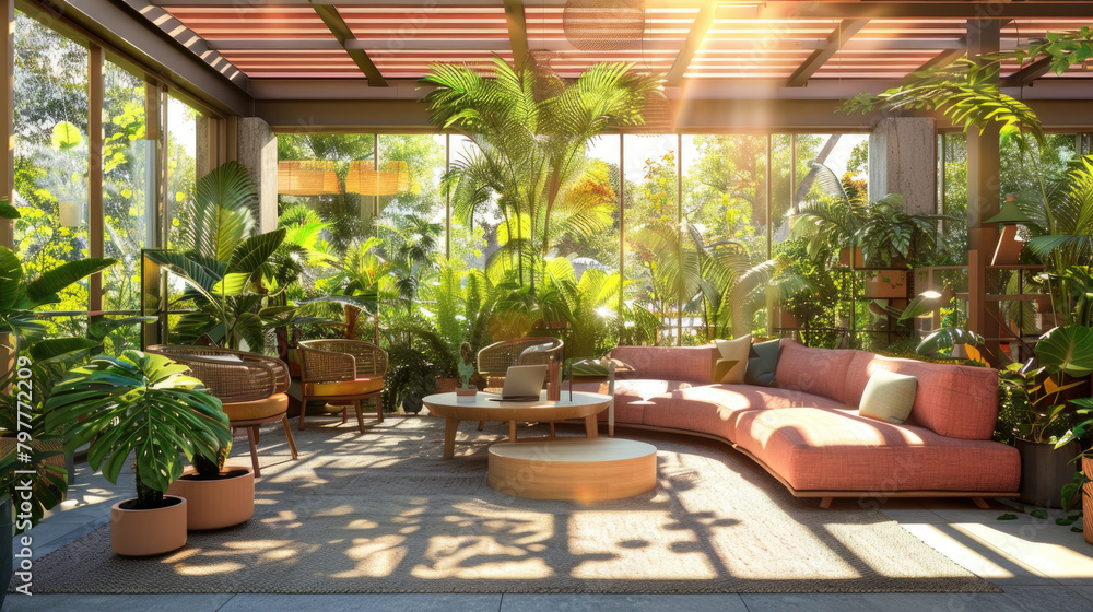 Fototapeta premium A multitude of plants and various furniture pieces fill the living room space, creating a lively and inviting atmosphere