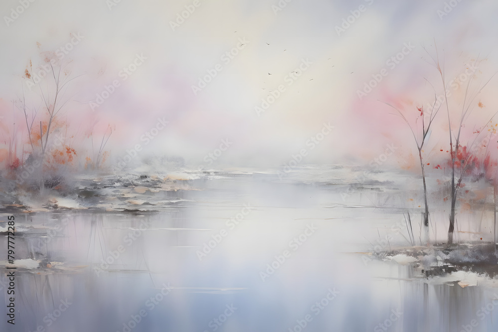 Misty Morning Mirage, abstract landscape art, painting background, wallpaper, generative ai