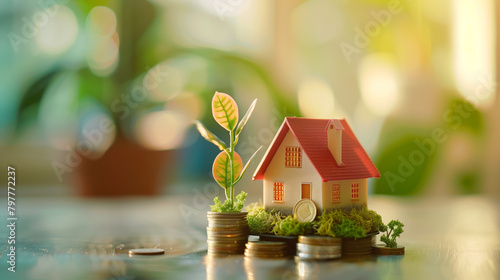 House model on a stack of coins and growing plant, business concept for real estate. © Jacek