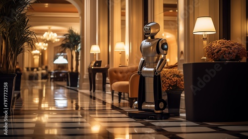 Service robot in hotel lobby, elegant decor, evening, threequarter shot