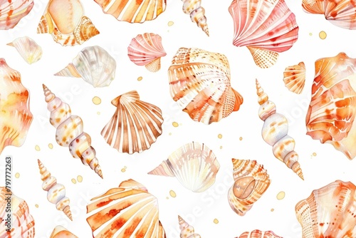 Seamless pattern of watercolor seashells