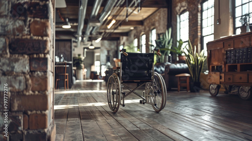 A wheelchair is positioned on top of a wooden floor, creating a simple yet impactful scene