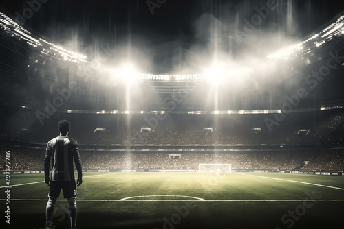 Soccer player taking a penalty kick, stadium lights, midshot photo