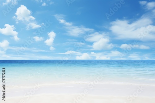 White sand beach under clear sky, high sun, panoramic view