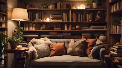 A cozy reading nook with a bookshelf full of books 