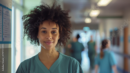 Afro-haired female midwife standing confidently in a busy hospital corridor, Ai Generated Images photo