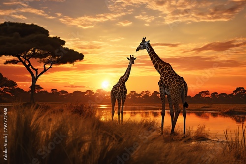 Wildlife in savannah  giraffes grazing  golden hour  side view
