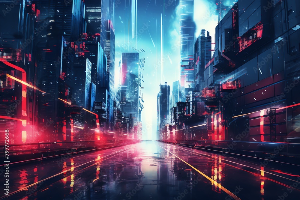 Embark on a digital odyssey through a cyberpunk cityscape Twist reality with glitch art techniques, offering an otherworldly perspective Digital Rendering Techniques, neon, surreal, futuristic