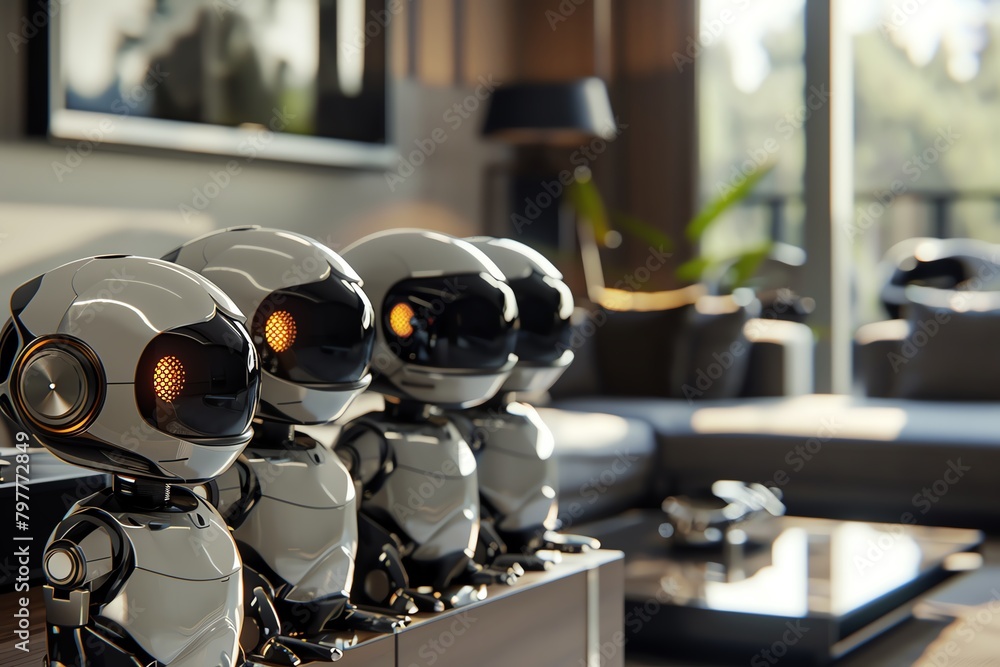 In a detailed CG 3D rendering, depict a group of sleek, futuristic home assistant robots from a worms-eye view Show their metallic sheen and advanced features, set in a modern living room, In a detailed CG 3D rendering, depict a group of sleek, futuristic home assistant robots from a worms-eye view Show their metallic sheen and advanced features, set in a modern living room,