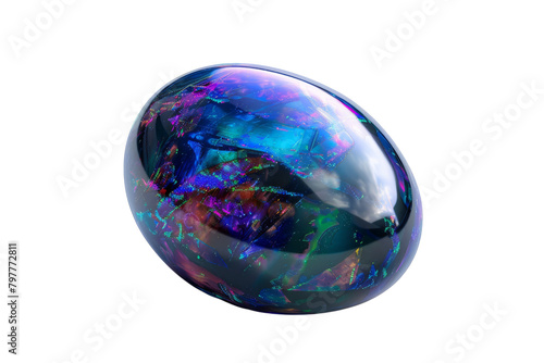A mesmerizing black opalite ball contrasts against a stark white background