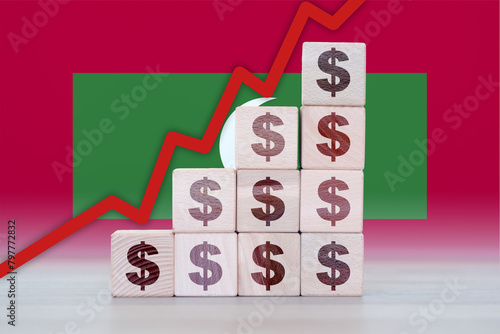 Maldives economic collapse, increasing values with cubes, financial decline, crisis and downgrade concept