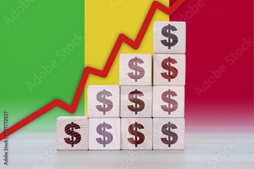 Mali economic collapse, increasing values with cubes, financial decline, crisis and downgrade concept