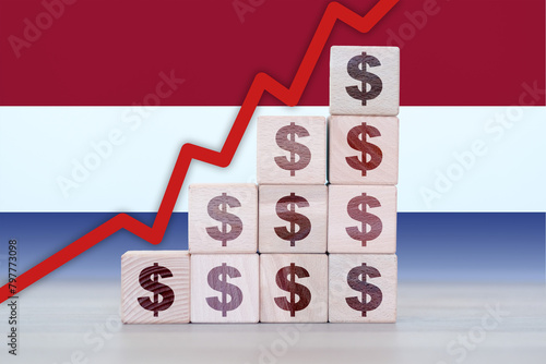 Netherlands economic collapse, increasing values with cubes, financial decline, crisis and downgrade concept