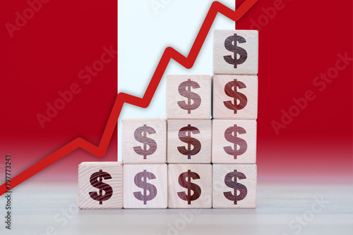 Peru economic collapse, increasing values with cubes, financial decline, crisis and downgrade concept photo
