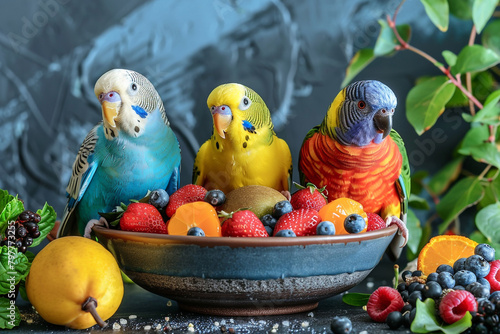 A trio of colorful parakeets chirping happily beside a bowl of fresh fruits and vegetables. photo