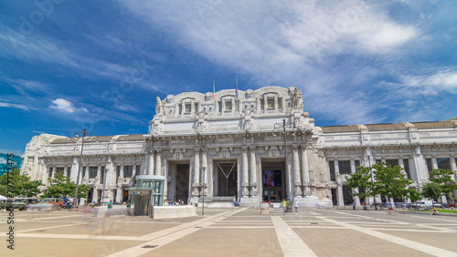 Front view of Milan antique central railway station timelapse hyperlapse.