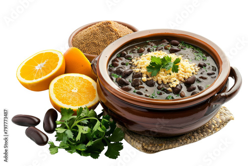 A vibrant bowl of black bean soup topped with fresh oranges and cilantro, creating a colorful and flavorful dish