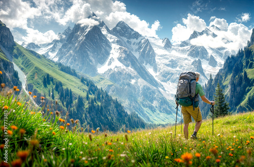A tourist with a backpack on the trail to the foot of the mountains