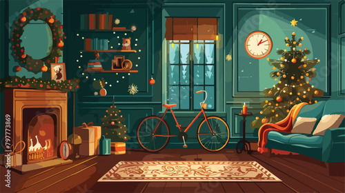 Interior of room decorated for Christmas with bicycle