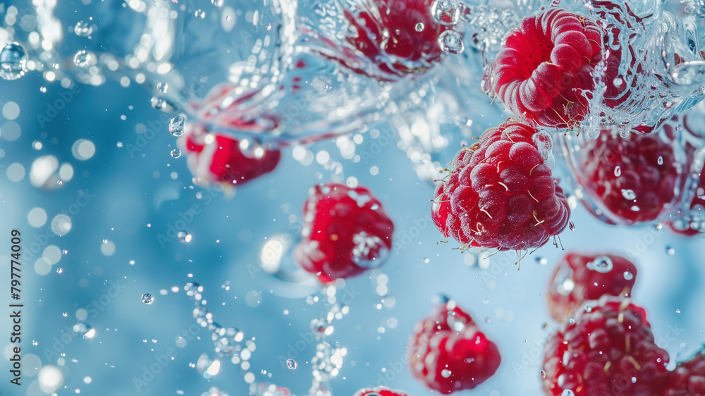 Fototapeta premium Red Raspberries Falls under Water with a Splash