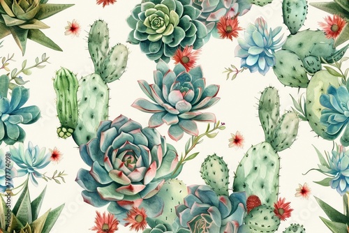 Seamless pattern of watercolors and cacti.