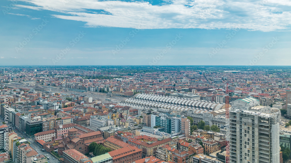 Milan aerial view of residential buildings and the central railway station in the business district timelapse Milan aerial view of residential buildings and the central railway station in the business district timelapse