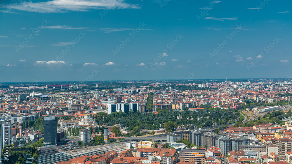 Milan aerial view of residential buildings and the Garibaldi railway station in the business district timelapse