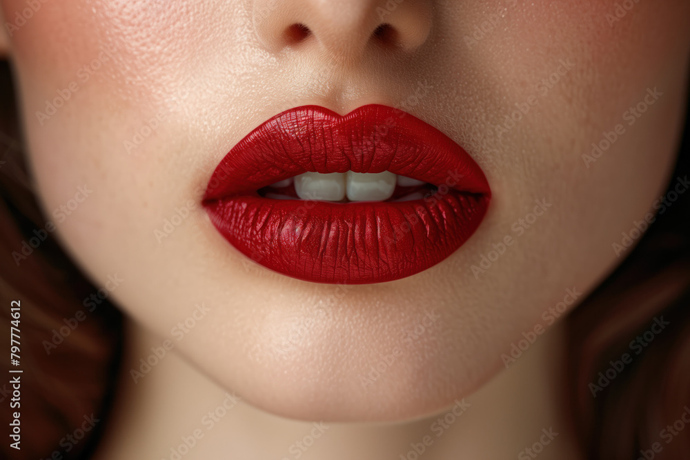 Fototapeta premium Sexy Lips, Glossy Red Lipstick, Generative AI