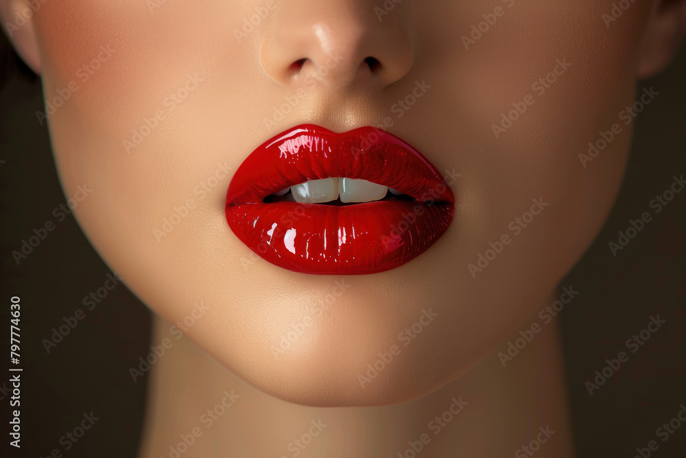 Obraz premium Sexy Lips, Glossy Red Lipstick, Generative AI