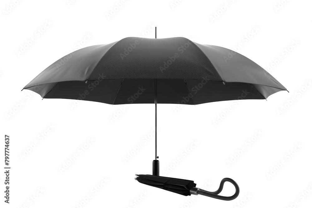 A sleek black umbrella with a matching handle rests on a pristine white background