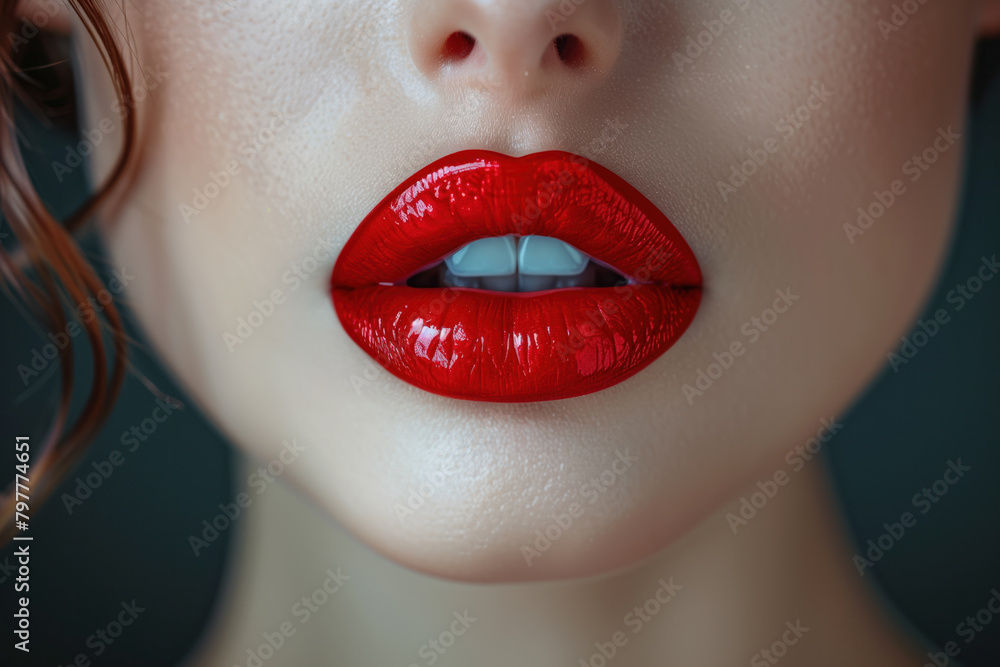 Obraz premium Sexy Lips, Glossy Red Lipstick, Generative AI