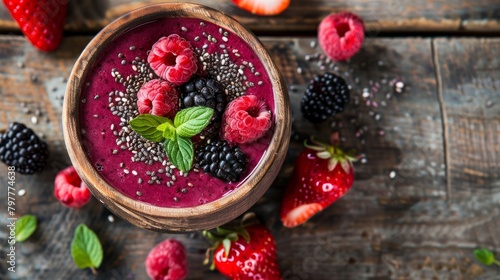 Berry smoothie with chia seed in a wooden bowl on a rustic wooden background.Top view.
