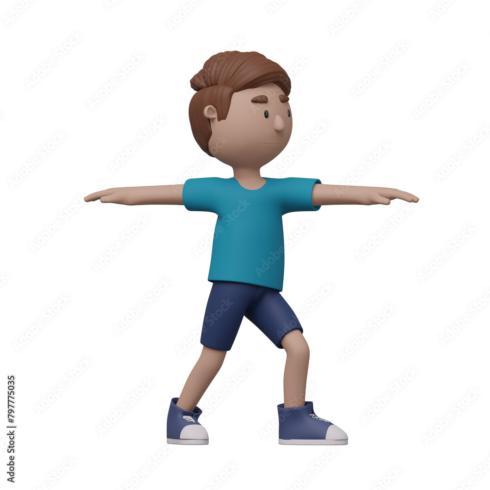 A cartoon boy is doing a yoga pose. 3d render