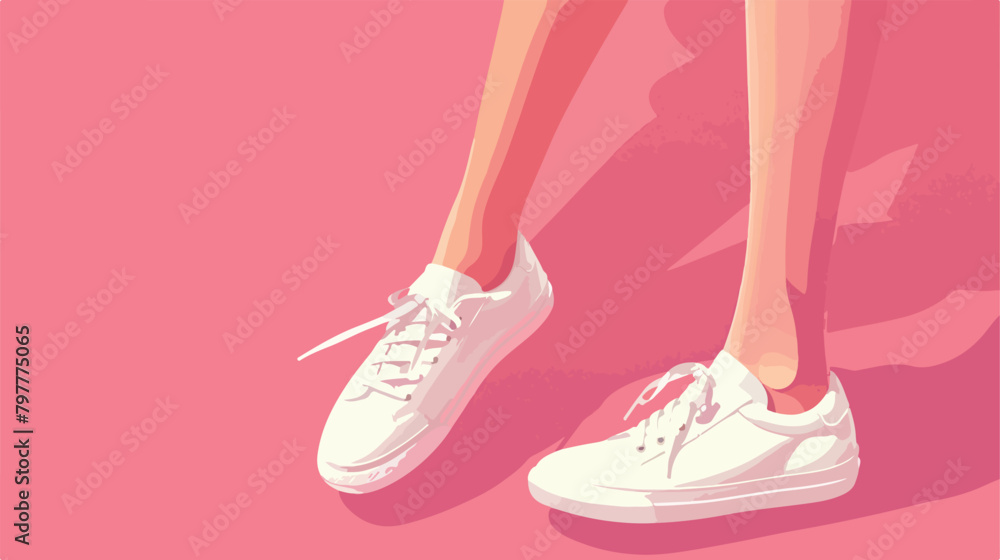 Legs of young woman in stylish white sneakers on pink