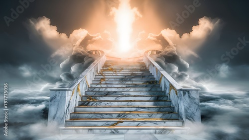 A majestic staircase, seemingly made of marble with golden cracks, ascending from a misty, ethereal landscape. The staircase is illuminated by a radiant light source from above photo