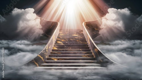 A majestic staircase, seemingly made of marble with golden cracks, ascending from a misty, ethereal landscape. The staircase is illuminated by a radiant light source from above photo